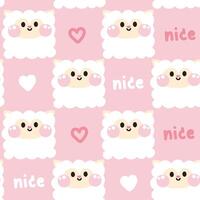 Seamless pattern of cute sheep in curve shape hand drawn with heart and nice text background.Face.Head.Cartoon farm animal character design.Image for card,poster,baby clothing.Kawaii.Illustration vector