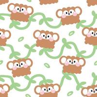 Seamless pattern of cute monkey in curve shape hand drawn with leaf background.Face.Head.Cartoon wild animal character design.Image for card,poster,baby clothing.Kawaii.Illustration vector