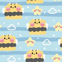 Seamless pattern of cute bee in curve shape hand drawn with clouds and star sky background.Face.Head.Cartoon animal character design.Image for card,poster,baby clothing.Kawaii.Illustration vector