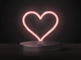 Podium or pedestal on a black background with a glowing neon heart. Minimalistic stage or showcase for product mockup exhibition. vector