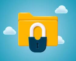 Locked folder with a padlock in 3D style on a blue background with clouds. vector