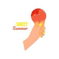 Hand holding ice cream cone. Summer card with ice cream vector