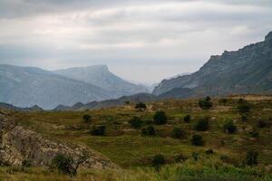 A mountain range with a cloudy sky in the background. The sky is overcast and the mountains are covered in trees. photo