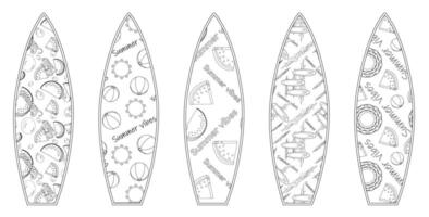 A fun and creative coloring page featuring surfboards with summer-themed patterns. Perfect for summertime activities and design projects. vector