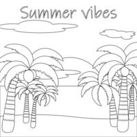 Detailed black and white illustration of a tropical beach with palm trees and clouds. Perfect for a summertime coloring activity. vector