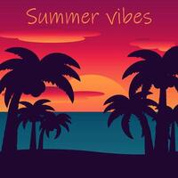 A vibrant illustration of a tropical sunset with palm trees and Summer vibes text, perfect for summertime themes and designs. vector
