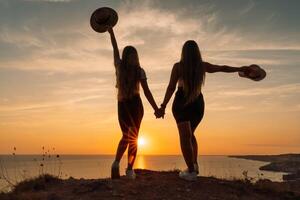 Two women are standing on a hillside, holding hands and wearing hats. The sun is setting in the background, creating a warm and peaceful atmosphere. photo