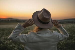 A woman wearing a hat and a white jacket stands in a field. The woman is looking up at the sky, which is a beautiful orange color. The scene has a peaceful and serene mood. photo