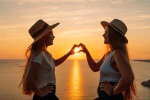 manos corazón mar sanset. manos formando un corazón forma hecho en contra el Dom cielo de un amanecer o puesta de sol en un playa foto