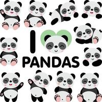 Set digital collage of I love pandas vector