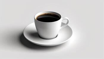 A hot cup of coffee on a saucer, set against a white background, casting a subtle shadow. photo
