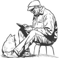 outline illustration for elderly man activities with cat black color only vector