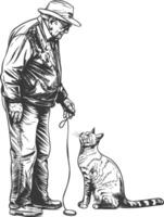 outline illustration for elderly man activities with cat black color only vector