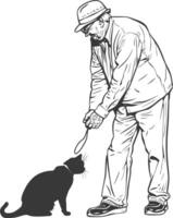 outline illustration for elderly man activities with cat black color only vector