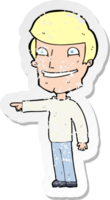 retro distressed sticker of a cartoon happy man pointing drawing png