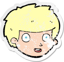 retro distressed sticker of a cartoon happy boys face drawing png