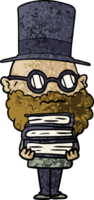cartoon worried man with beard and stack of books drawing png
