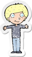 retro distressed sticker of a cartoon happy boy with open arms drawing png