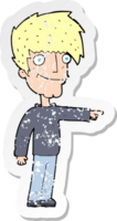retro distressed sticker of a cartoon happy man pointing drawing png