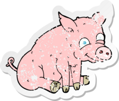 retro distressed sticker of a cartoon happy pig drawing png