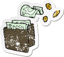 retro distressed sticker of a cartoon wallet spilling money drawing png