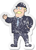 retro distressed sticker of a cartoon sensible business man in bowler hat drawing png