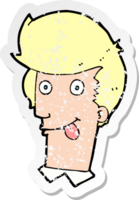 retro distressed sticker of a cartoon man with tongue hanging out drawing png