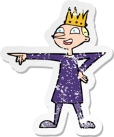 retro distressed sticker of a cartoon pointing prince drawing png