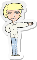 retro distressed sticker of a cartoon man gesturing welcome drawing png