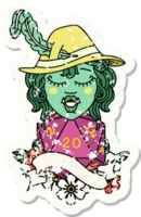 grunge sticker of a singing half orc bard character with natural twenty dice roll drawing png