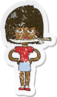 retro distressed sticker of a cartoon woman with knife between teeth drawing png