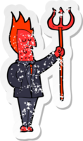retro distressed sticker of a cartoon devil with pitchfork drawing png