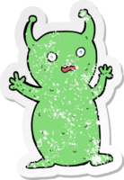 retro distressed sticker of a cartoon funny little alien drawing png