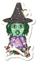 grunge sticker of a half orc mage with natural 20 dice roll drawing png