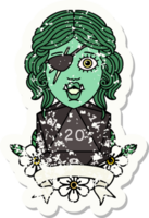 grunge sticker of a half orc rogue character with natural twenty dice roll drawing png