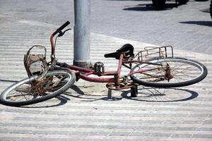 A bicycle is a two-wheeled vehicle without a motor. photo