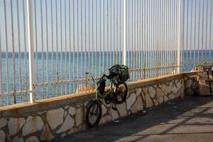 A bicycle is a two-wheeled vehicle without a motor. photo