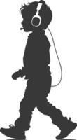 silhouette little boy walking listening to headset black color only vector