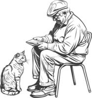 outline illustration for elderly man activities with cat black color only vector