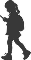 silhouette little girl walking while playing on smartphone black color only vector