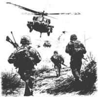 modern war situation with engraving style black color only vector