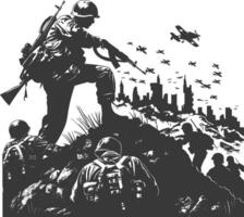 modern war situation with engraving style black color only vector
