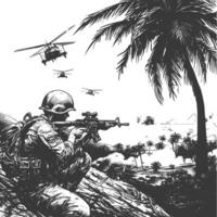 modern war situation with engraving style black color only vector