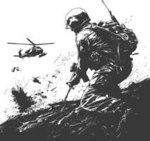 modern war situation with engraving style black color only vector