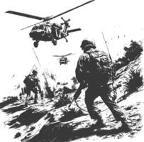 modern war situation with engraving style black color only vector