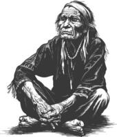 native american elderly man with engraving style black color only vector
