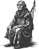 native american elderly woman with engraving style black color only vector