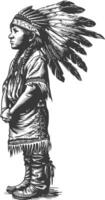 native american little boy with engraving style black color only vector