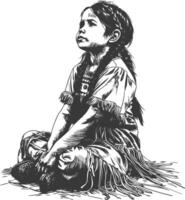 native american little girl with engraving style black color only vector