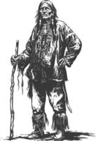 native american elderly man with engraving style black color only vector